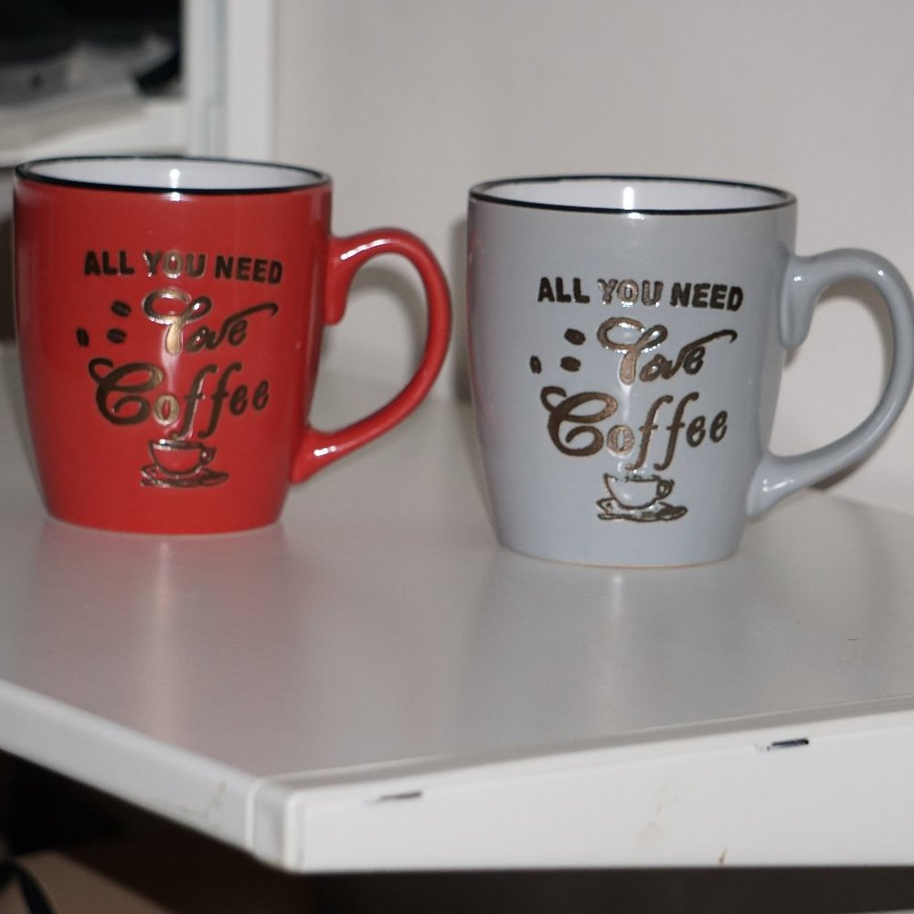 2 Mugs Coffee Red and Gray "ALL YOU NEED COFFE"
